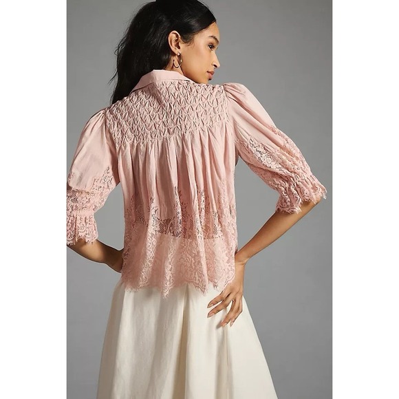 Anthropologie Tops - Anthropologie Victorian Sheer Lace Blouse Women's XS Pink Boho Cottagecore $130